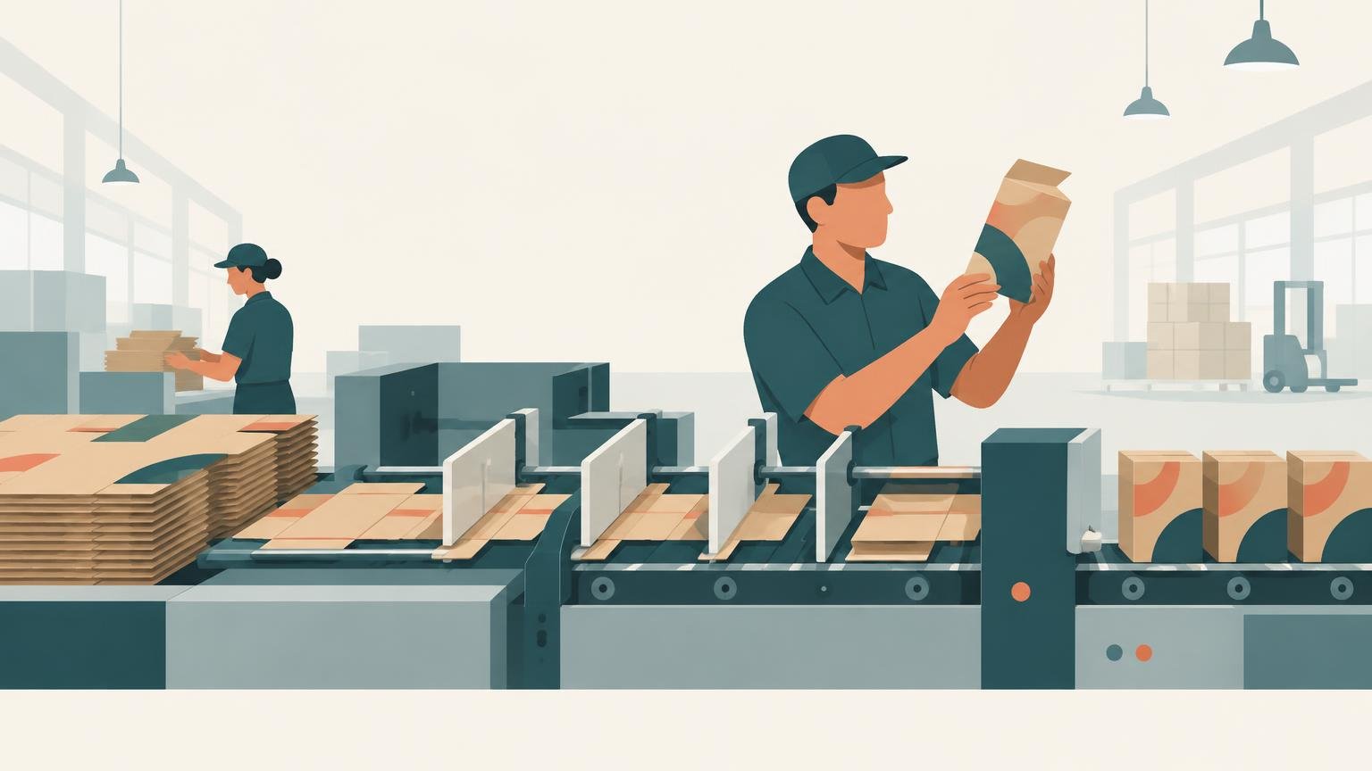 Flat editorial illustration of two packaging workers operating a folder-gluer conveyor in a bright factory, with stacks of die-cut cardboard blanks, finished patterned cartons, machinery, palletized boxes, and a forklift in the background.