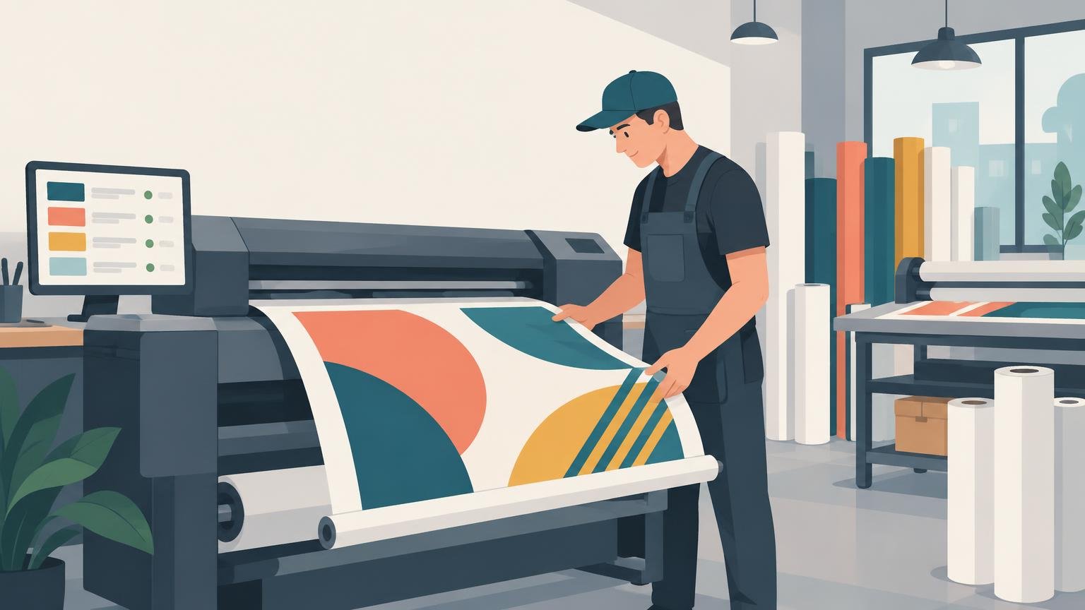 Flat vector illustration of a sign-shop worker guiding a colorful printed sheet from a wide-format printer, with media rolls, a worktable, and a monitor in the background.