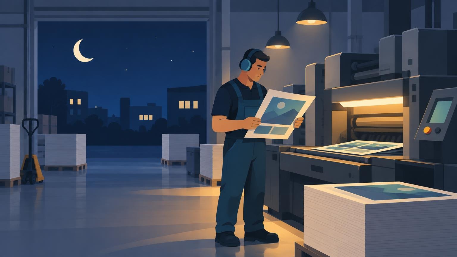 Illustration of a worker wearing earmuffs inspecting a printed sheet beside a large printing press at night, with stacks of paper, warm overhead lights, and a crescent moon visible through the windows.