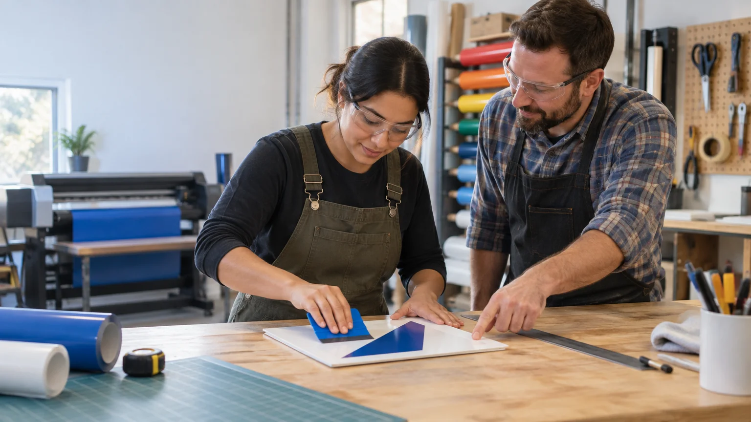 Two people wearing safety glasses work together at a workshop table, applying a blue vinyl shape to a white panel beside rolls of colored material and a large-format printer.