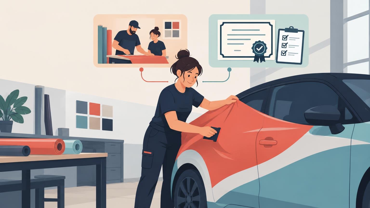 Flat editorial illustration of a vehicle-wrap installer applying a coral and teal vinyl graphic to a car, with rolls of material, a training scene, and generic certificate and checklist icons in a workshop.