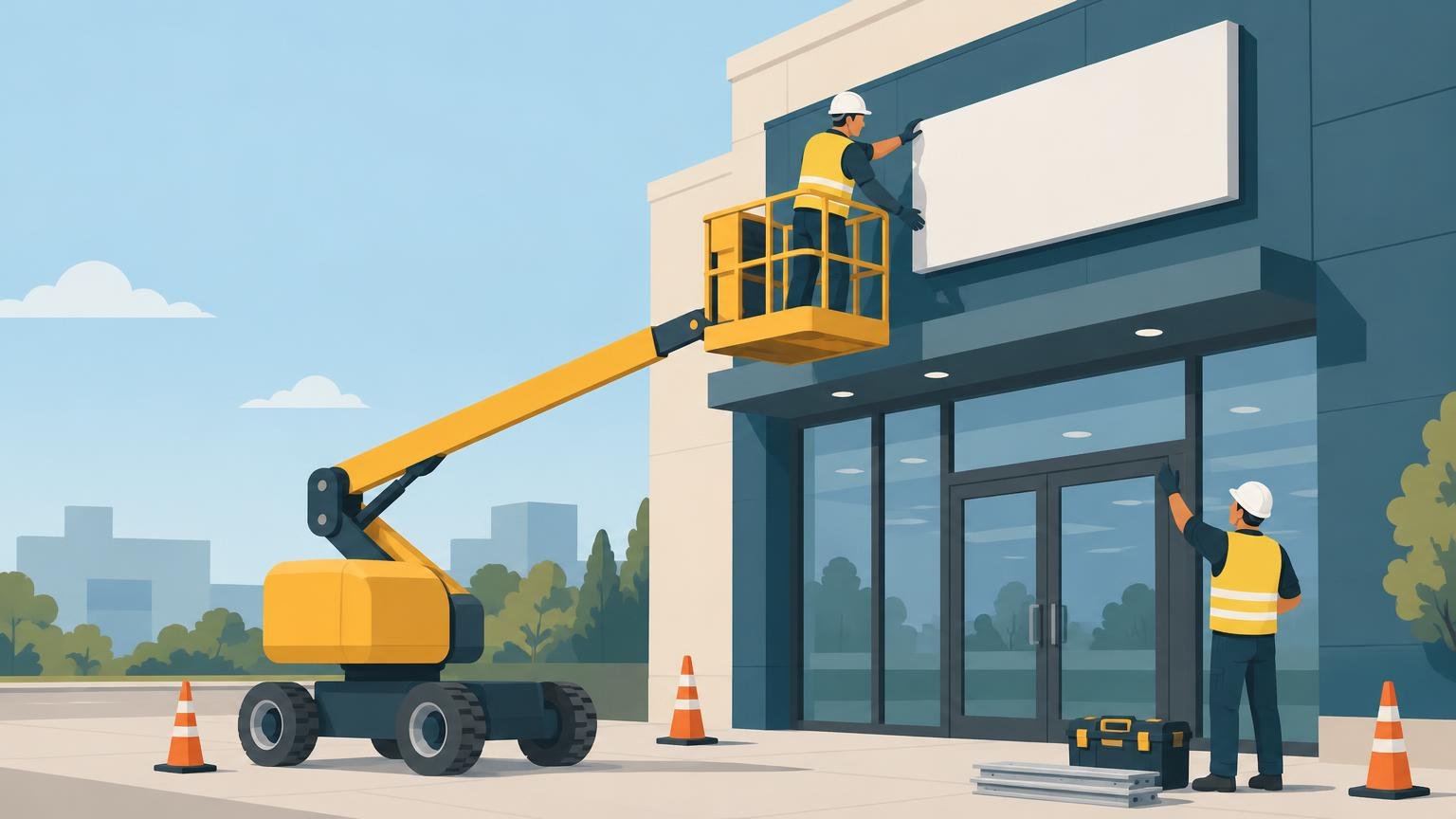 Flat vector illustration of two commercial sign installers outside a modern storefront: one stands in a yellow boom lift positioning a large blank wall sign, while another works near the entrance beside tools, metal rails, and orange safety cones.