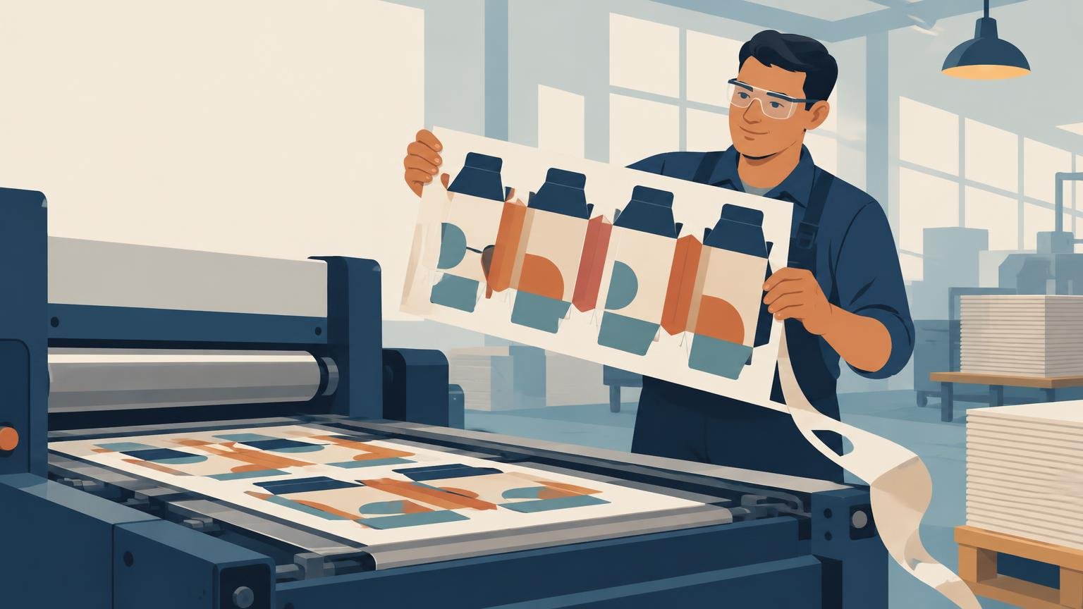 Flat editorial illustration of a worker in safety glasses holding a printed carton die-cut sheet beside a large cutting machine in a bright print shop.
