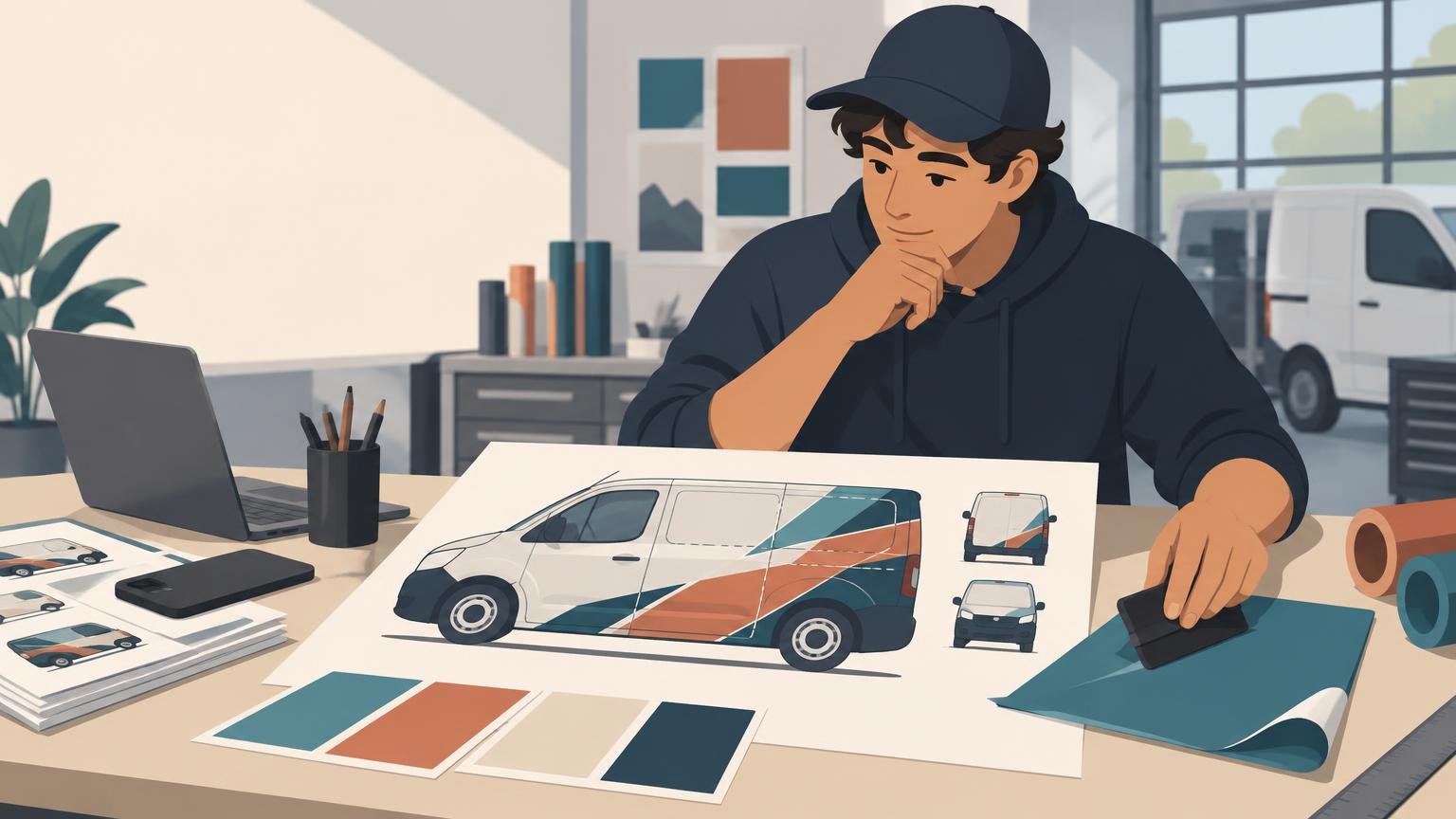 Editorial-style illustration of a person at a desk reviewing a colorful van-wrap design sheet, with color swatches, a laptop, rolled vinyl, and a white van in a workshop-like background.