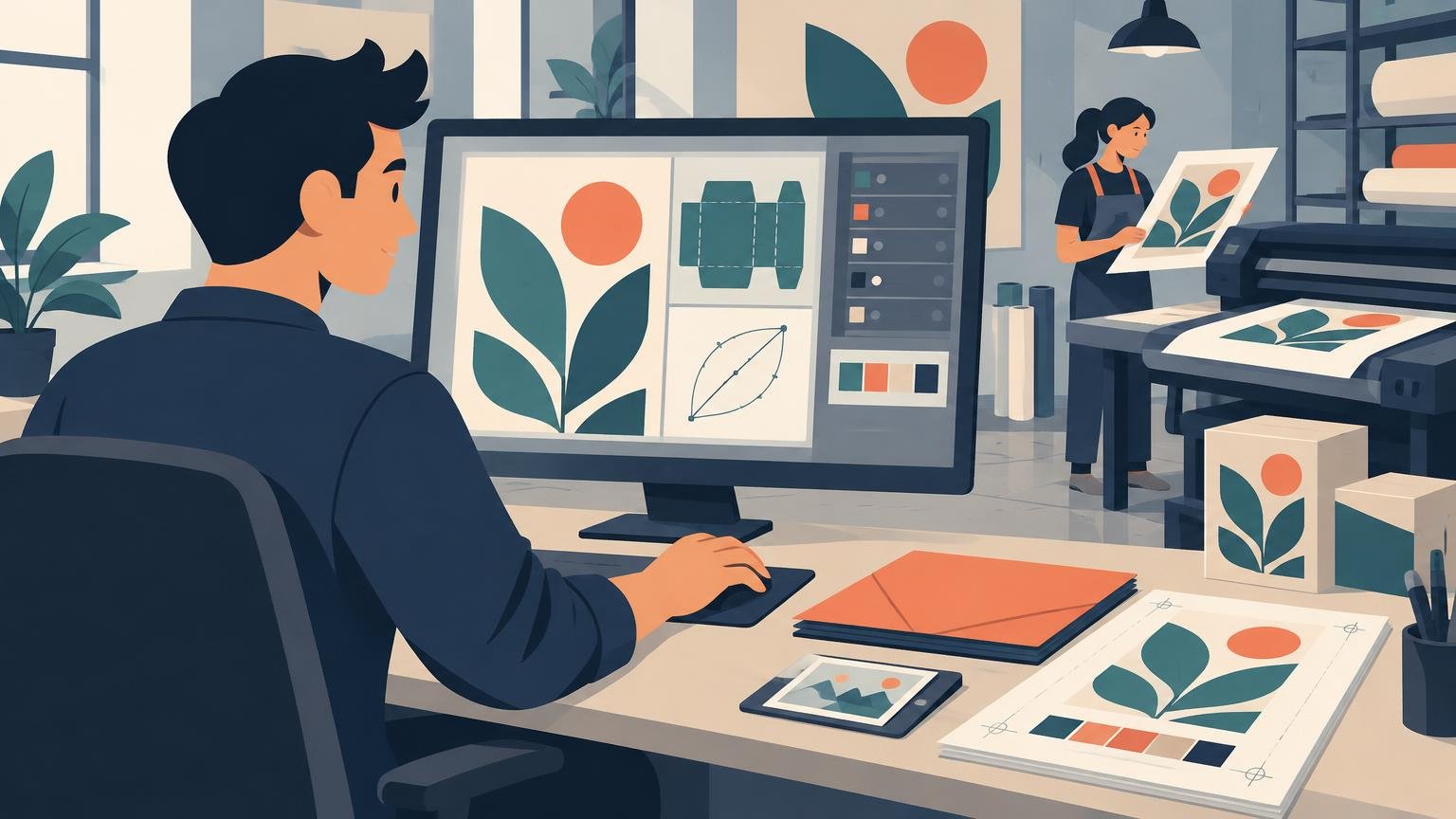Flat editorial illustration of two print-production designers preparing botanical artwork: one works on a large monitor showing vector shapes, color swatches, a packaging dieline, and path nodes, while another checks a printed sheet beside a wide-format printer. Sample prints, paper rolls, boxes, and a tablet sit around the studio.