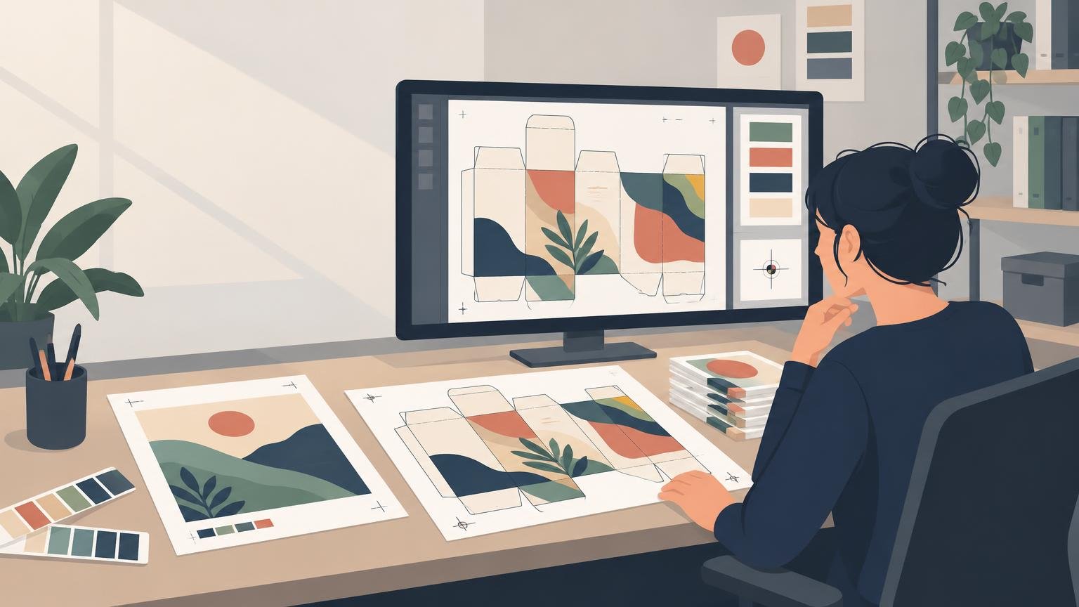 Editorial-style illustration of a designer reviewing colorful packaging dielines on a large monitor and printed sheets at a desk, with color swatches and office plants.