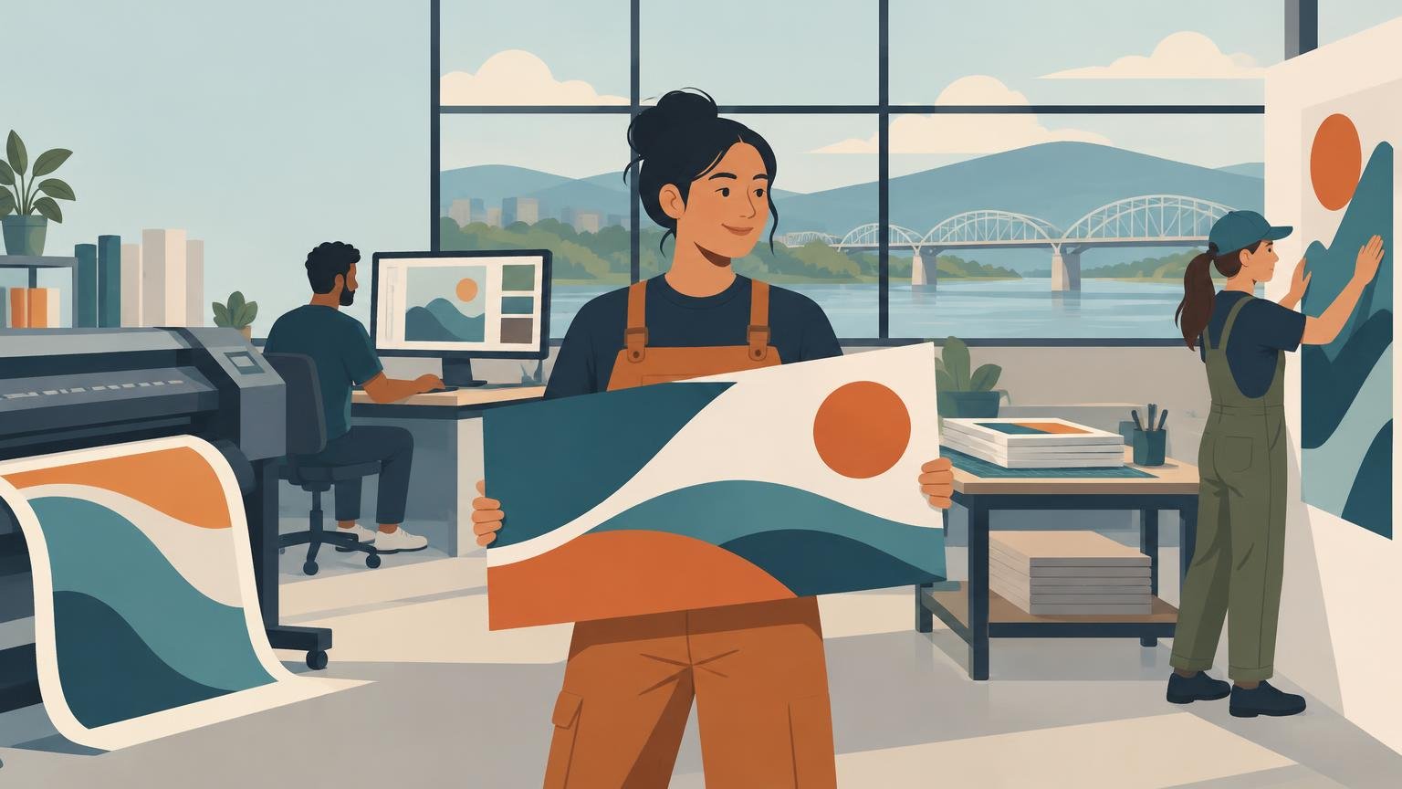 Flat vector illustration of a print and graphics studio: a worker holds a large colorful print, another works at a computer beside a wide-format printer, and a third installs a wall graphic, with a river bridge visible through large windows.