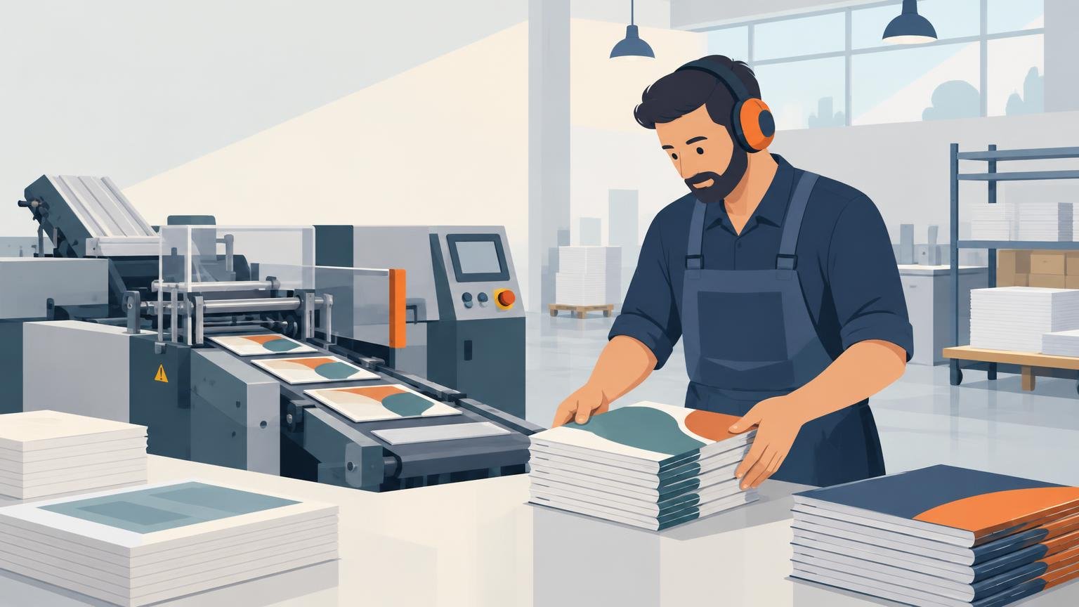 Editorial illustration of a bindery worker wearing ear protection and an apron, stacking finished printed booklets beside a paper-processing machine in a bright print shop.